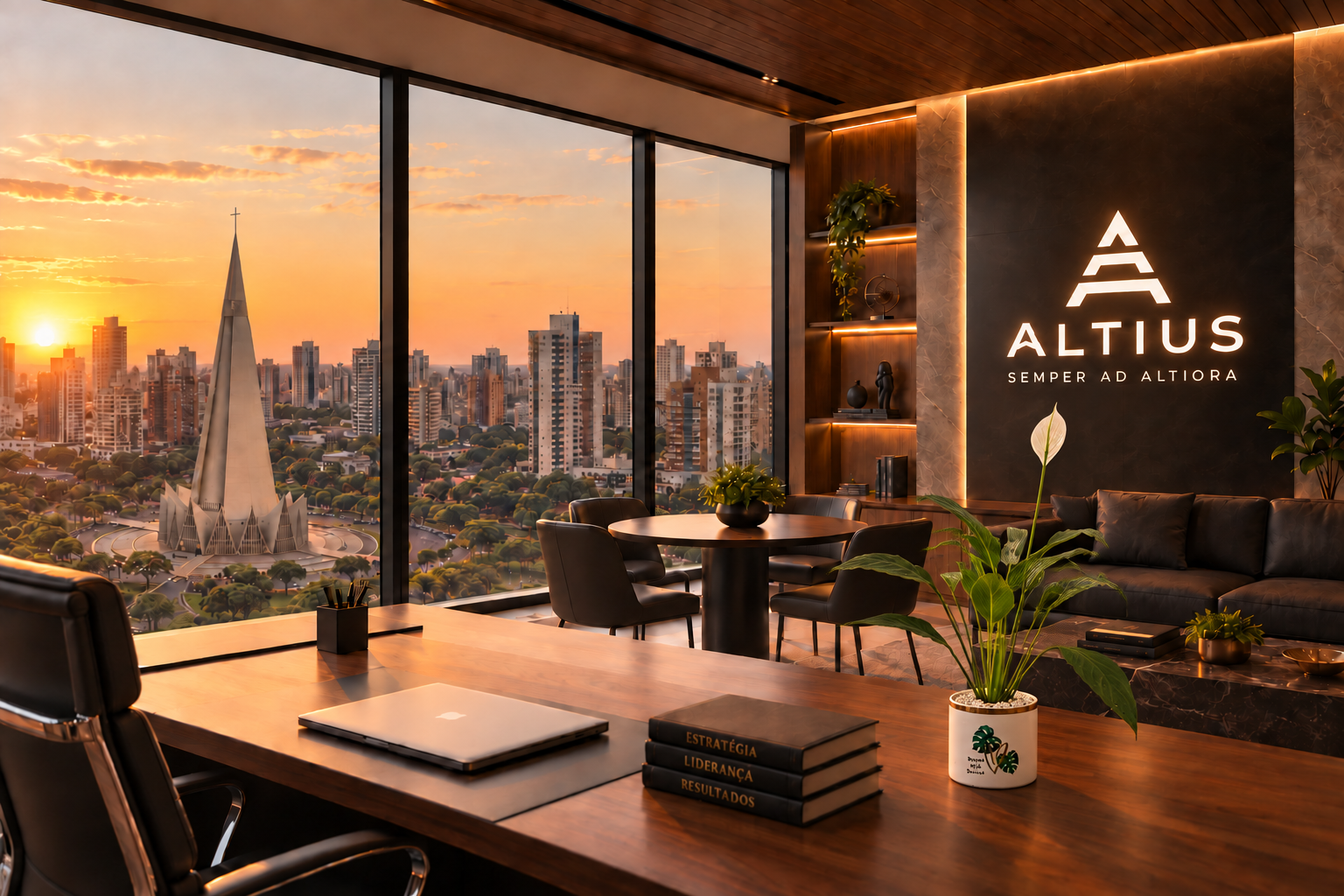 Imagem conceitual de um futuro escritório da Altius, com a marca na parede e vista para a cidade ao pôr do sol.